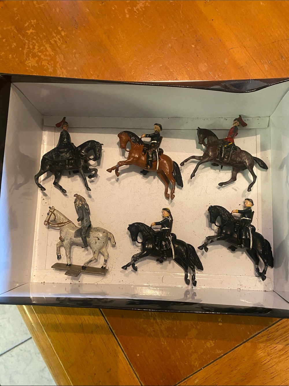Set of Six Vintage-Inspired Horse and Rider Metal Figurines - Black, Brown, Gray